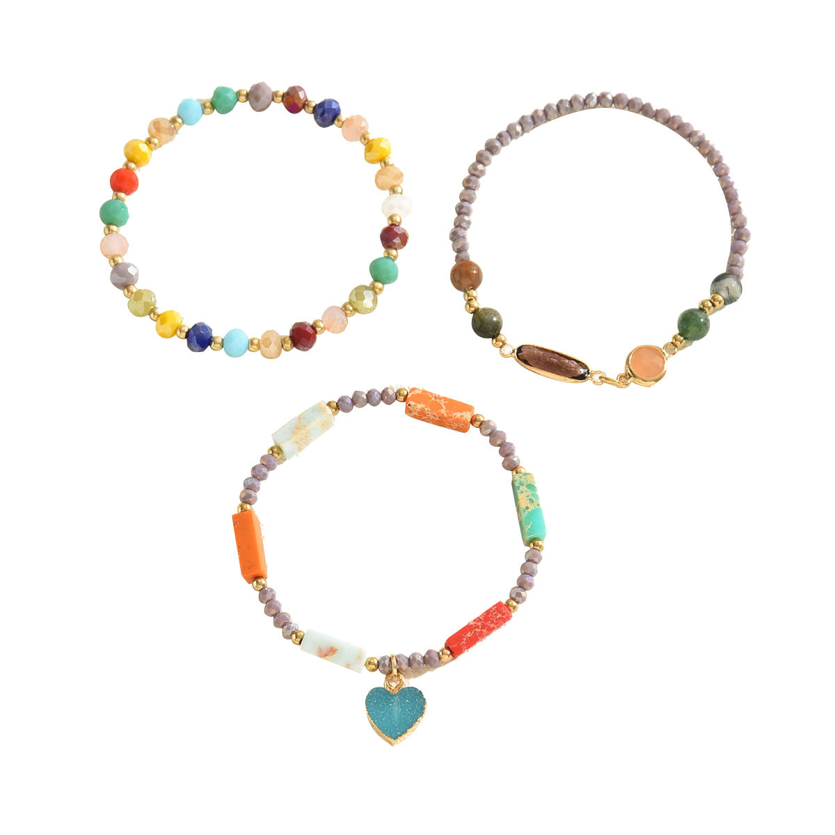 Set di braccialetti in cristallo con cuore minimalista e forme geometriche per donna con intarsio in lega e pietre di ametista e citrino