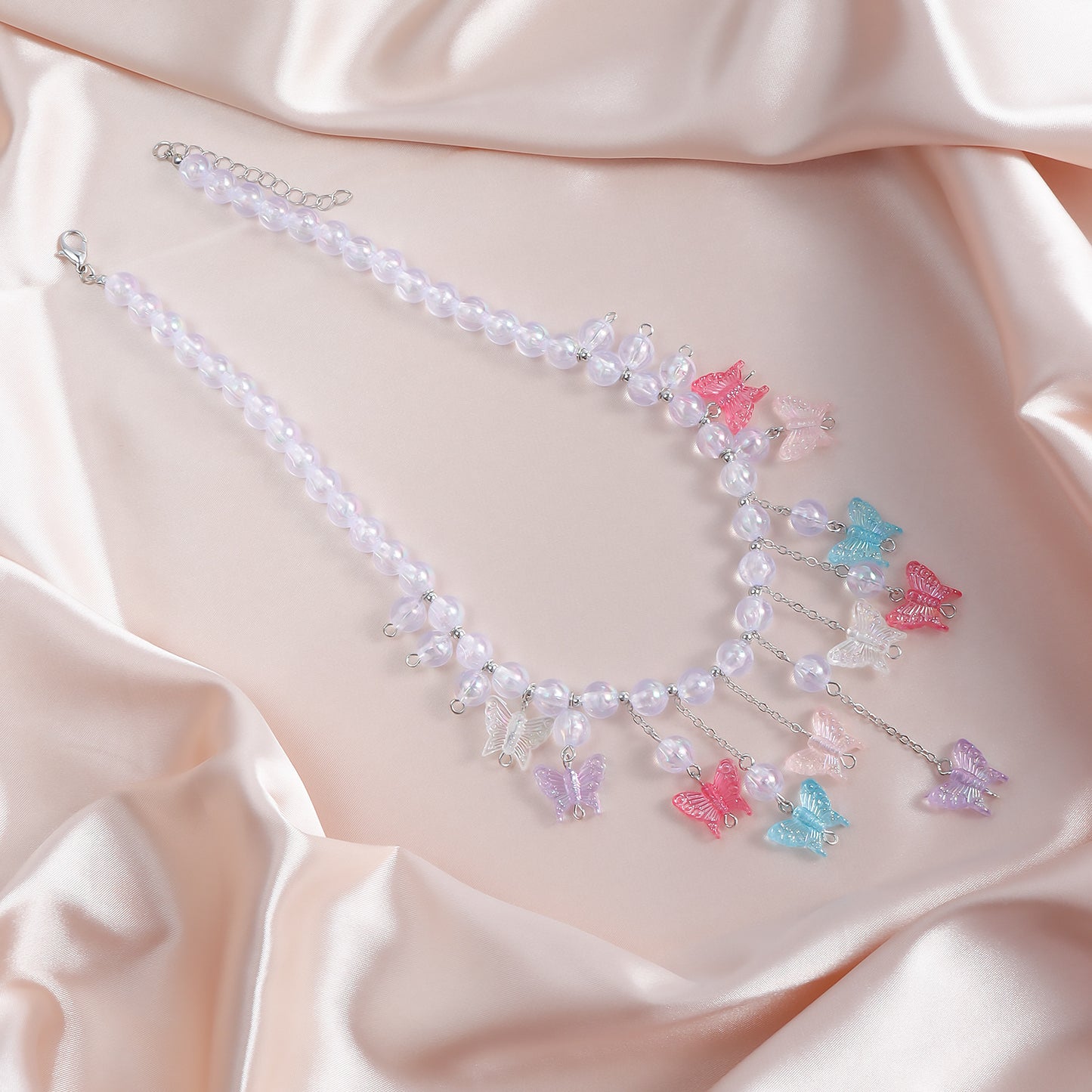 Fashionable Butterfly Pendant Necklace for Women with Resin Beads Geometric Design Plated Alloy Charm and Tassel Detail