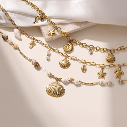 Minimalist Irregular Seashell Pendant Necklace in Stainless Steel with 18K Gold Plating