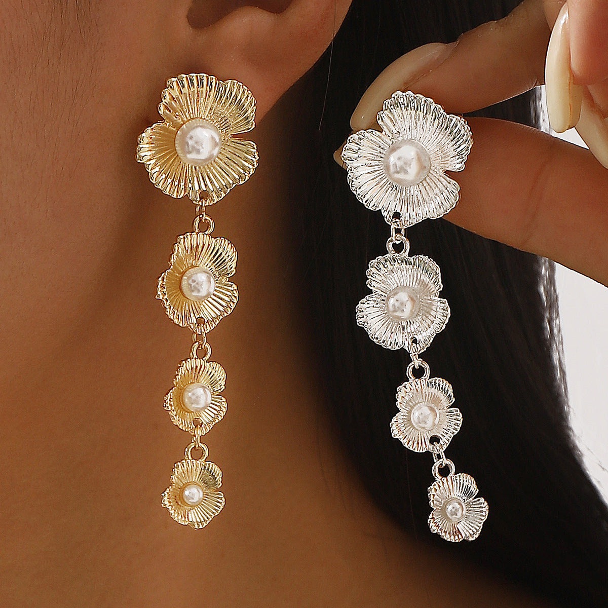 Elegant Floral Pearl Stud Earrings with Ruffled Edge in Plated Iron for Women