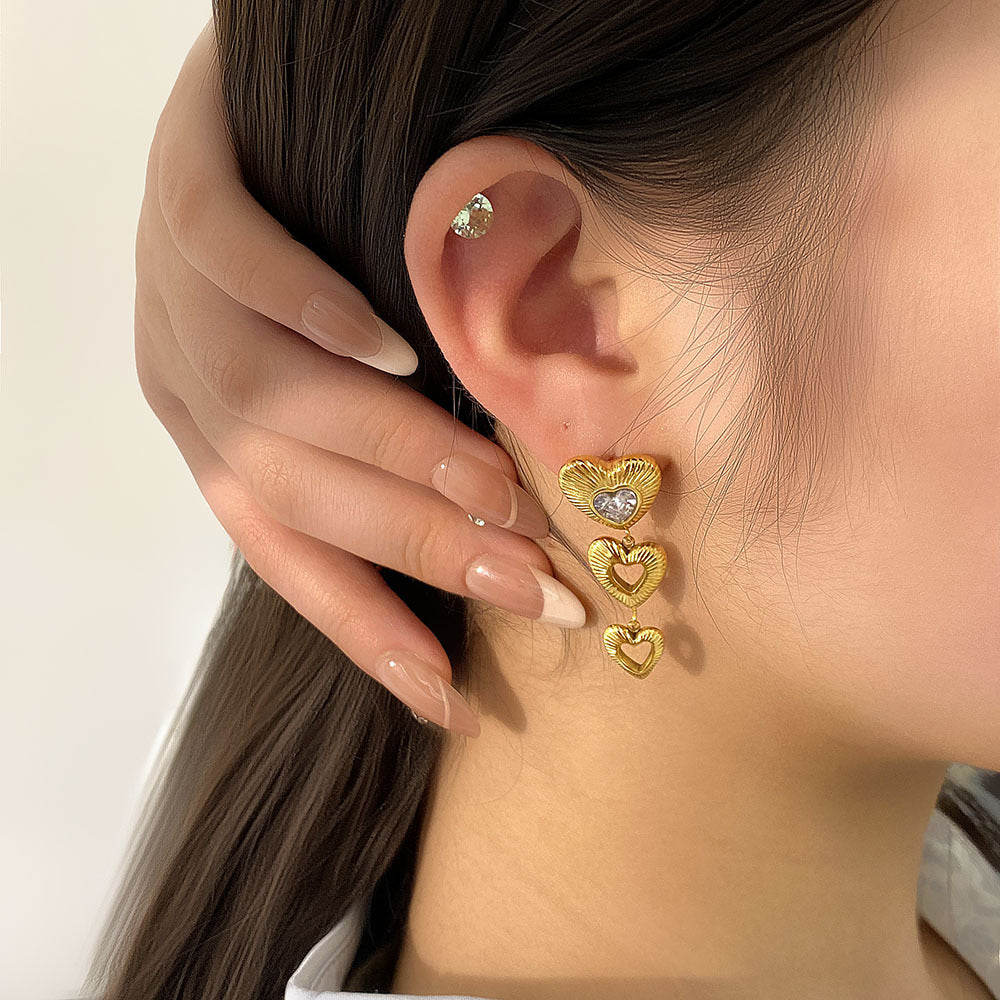 Ins Style Heart Shaped Zirconia Studded Stainless Steel Dangle Earrings with 18K Gold Plating and Textured Waterproof Finish