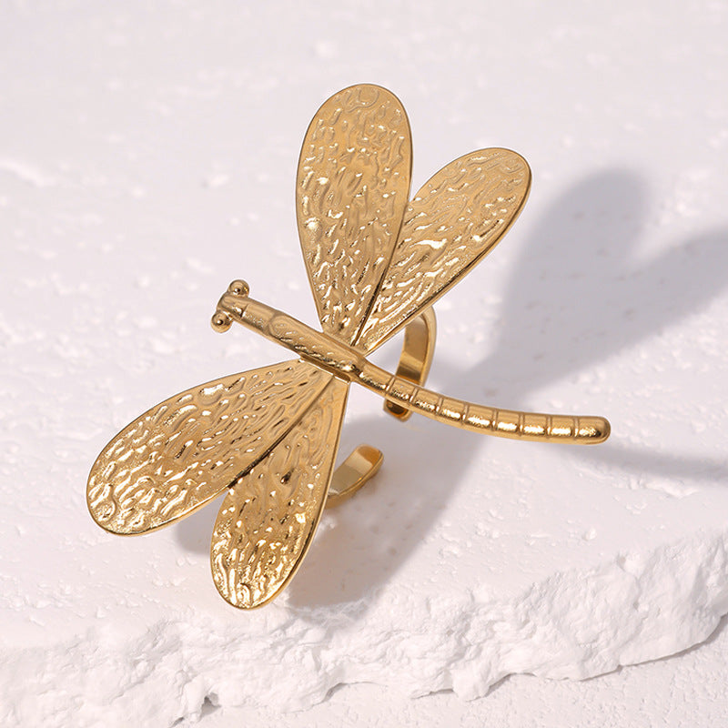 Minimalist Dragonfly-Shaped Stainless Steel Open Ring with Gold Plating for Women