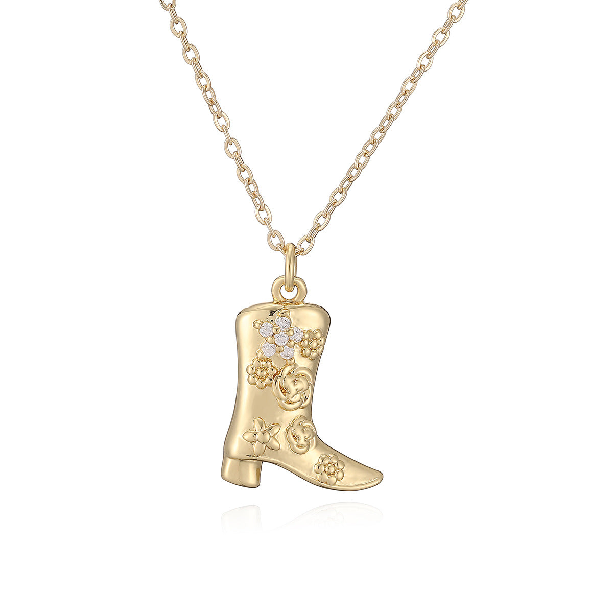 Vintage Minimalist Geometric Brass Gold Plated Cubic Zirconia Boot Pendant Necklace
