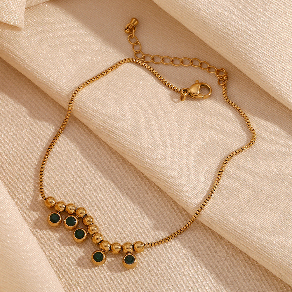 Vintage Geometric Stainless Steel Anklet with 18K Gold Plating and Green Rhinestone Accents for Women