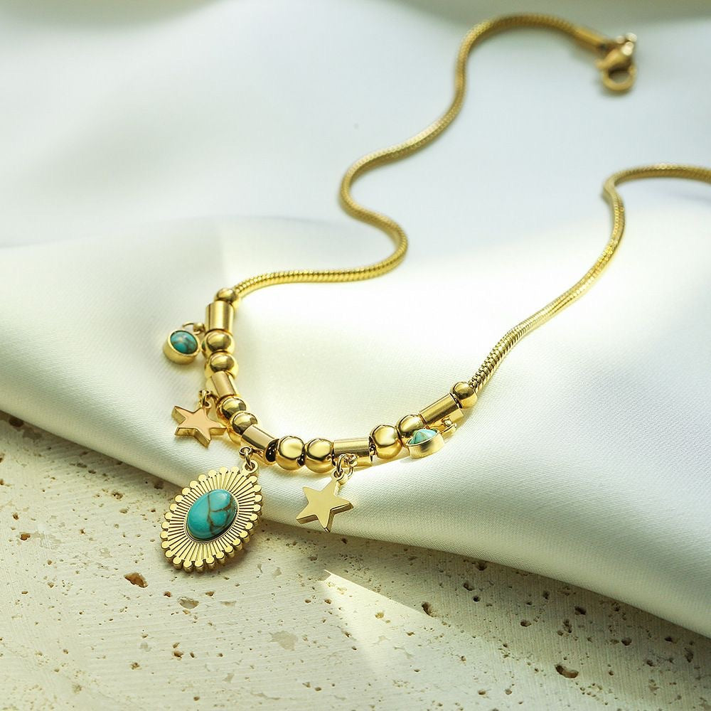 Minimalist Oval Star Turquoise Inlay Titanium Steel Necklace for Women