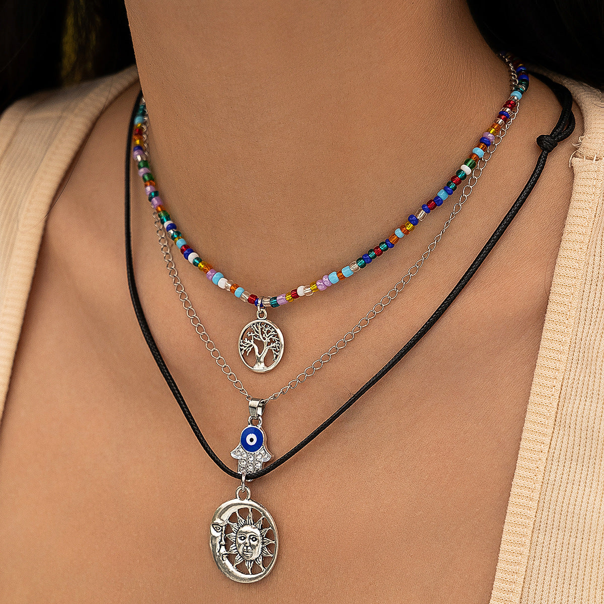 Vintage Bohemian Zinc Alloy Plated Cactus Leaf Pendant Ball Chain Necklace Set for Women