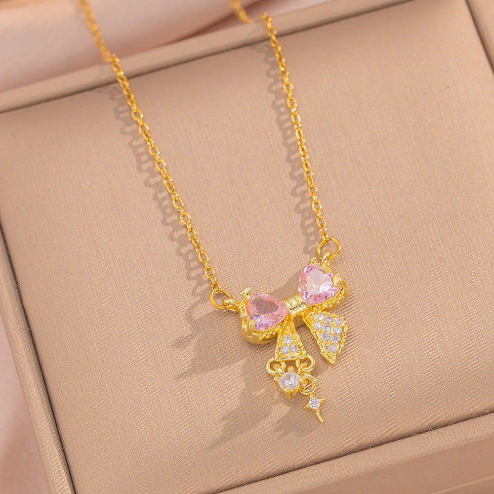 Fashionable Bowknot Pendant Necklace Set for Women in Titanium Steel with Rhinestone Inlay and O-Chain
