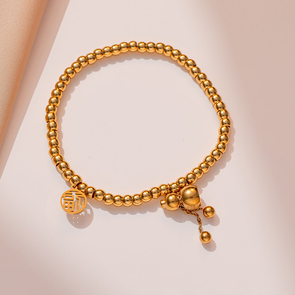 Luxury Style Geometric Shaped Titanium Steel Gold-Plated Elastic Bracelet with Chinese Character 'Fu' and 'Xi' Pendant for Women
