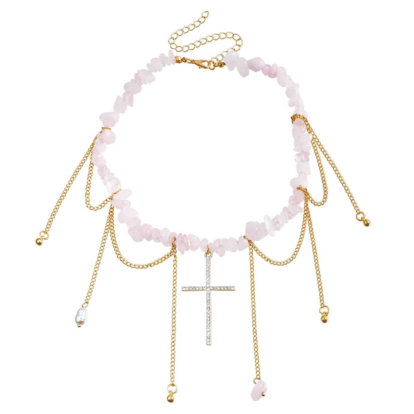 Geometric U-Shaped Cross Pendant Necklace for Women with Rhinestone Inlay and Gold-Plated Alloy Chain
