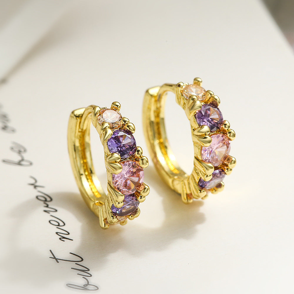 Orecchini a Cerchio Minimalisti Geometrici in Rame con Placcatura in Oro Vero e Intarsi in Zirconi per Donna