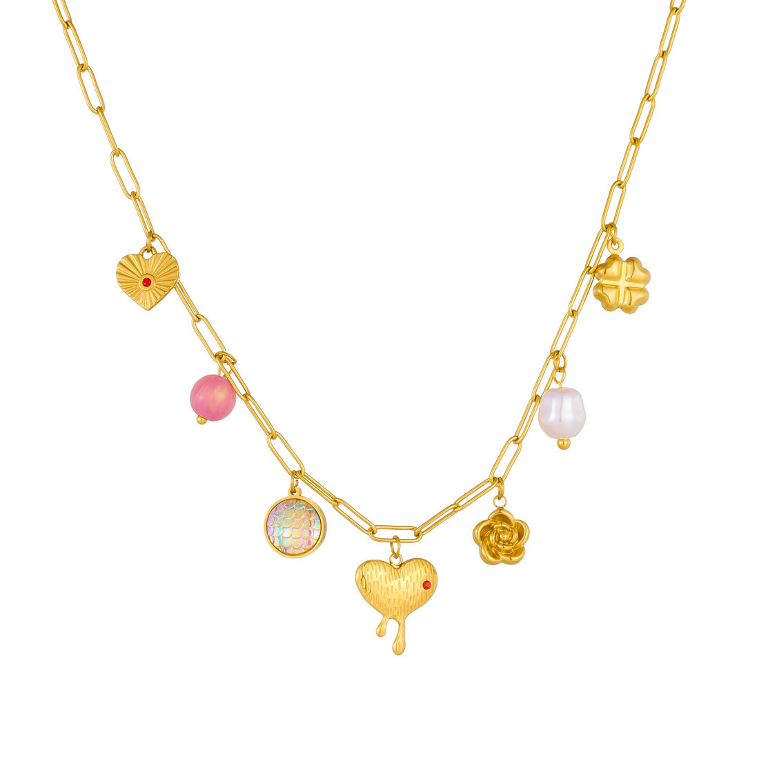 Casual Gold Plated Stainless Steel Heart Floral Rhinestone Pendant Necklace for Women