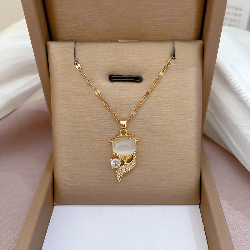 Luxury Geometric Fox Cat's Eye Pendant Necklace for Women Titanium Steel Collar Chain with Rhinestone Inlay