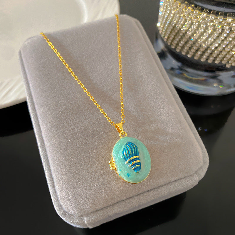 Vintage Enamel Drip Oil Oval Heart Brass Pendant Titanium Steel Necklace Cable Chain