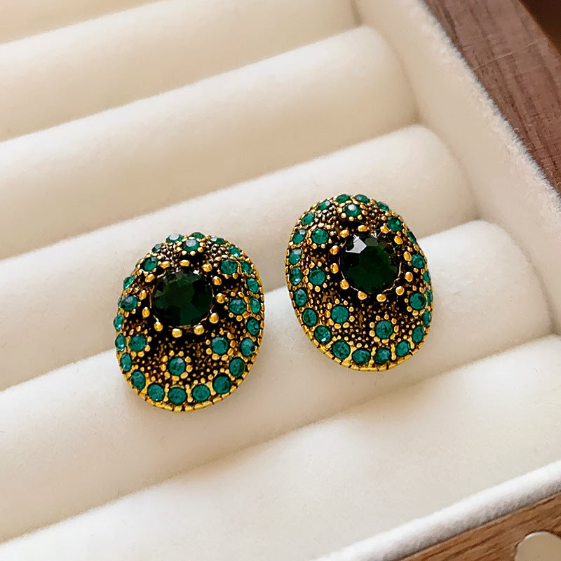 Orecchini ovali geometrici stile vintage da donna, con intarsi di strass e base in lega placcata oro