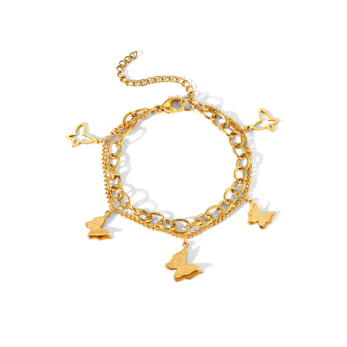 Bracciale Trendy con Ciondolo Farfalla a Doppio Strato in Acciaio Inossidabile Placcato Oro 18K da Donna