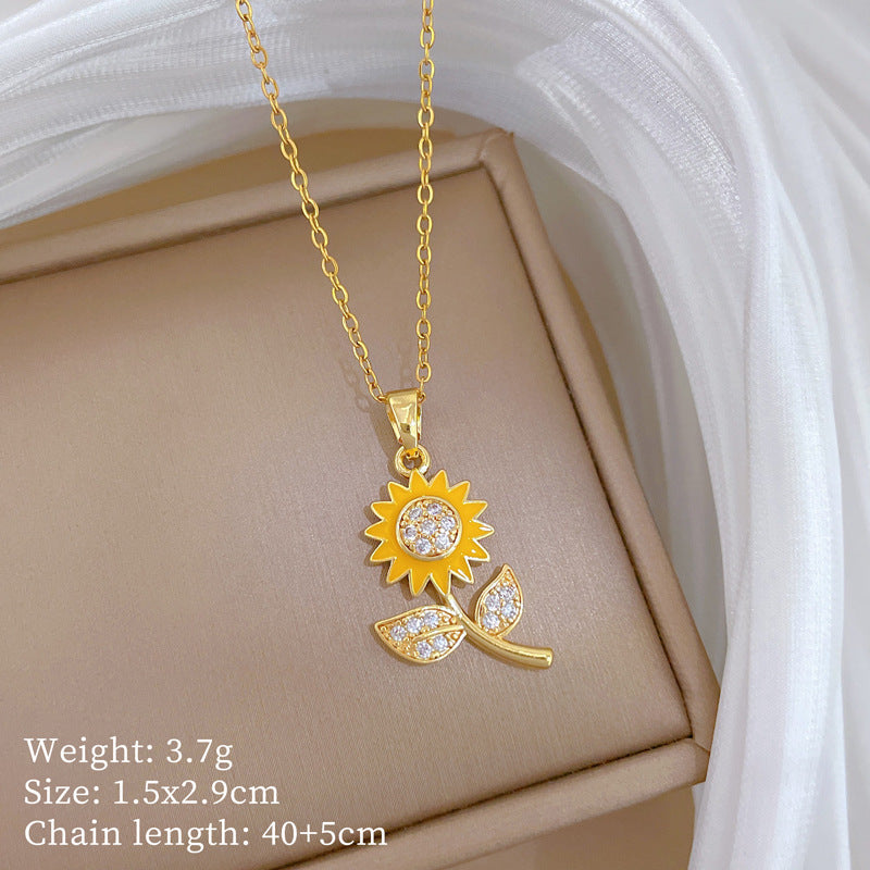 Sweet Elegant Drip Oil Rhinestone Sunflower Titanium Steel Necklace for Unisex