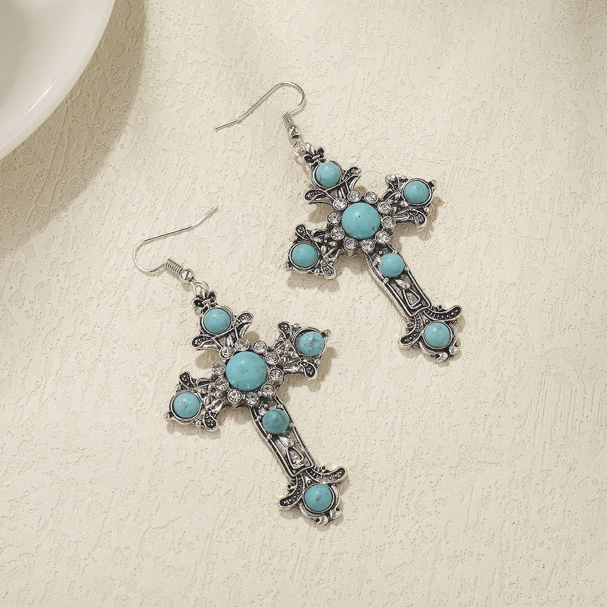 Pendientes de cruz geométrica de turquesa de inspiración vintage en aleación con acabado chapado para mujer