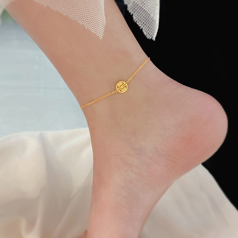 Cavigliera Minimalista Rotonda da Donna in Acciaio al Titanio Lucidato con Placcatura in Oro 18K, Resistente all'Ossidazione e Adatta alla Doccia