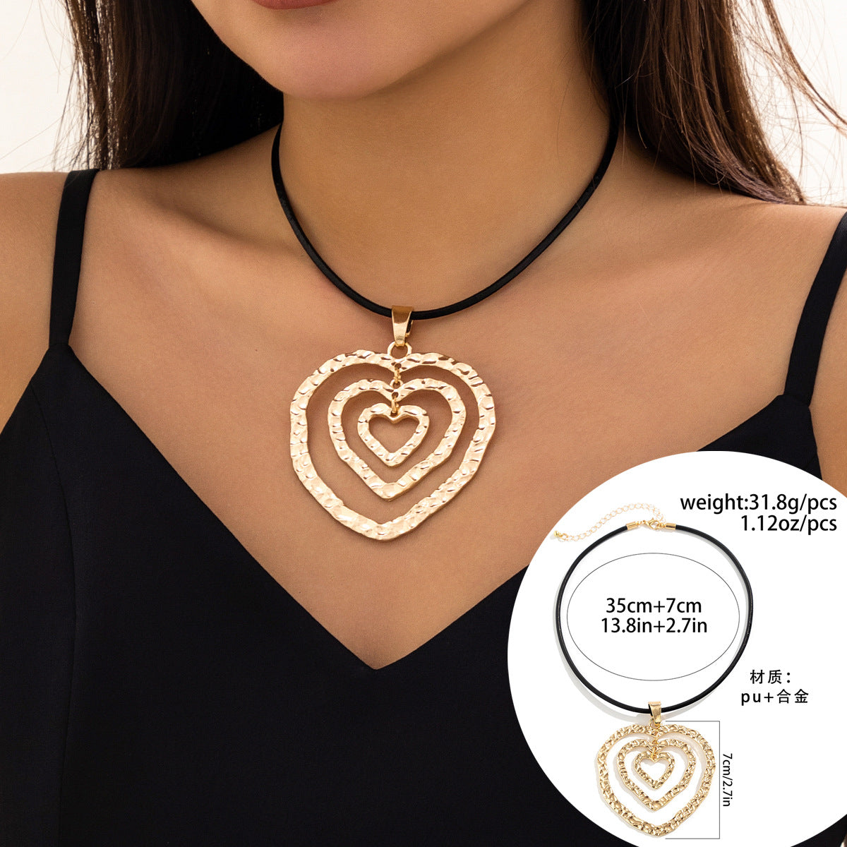 Sweet and Edgy Heart-Shaped Alloy Necklace with Plated Finish Adjustable Velvet Wax Cord