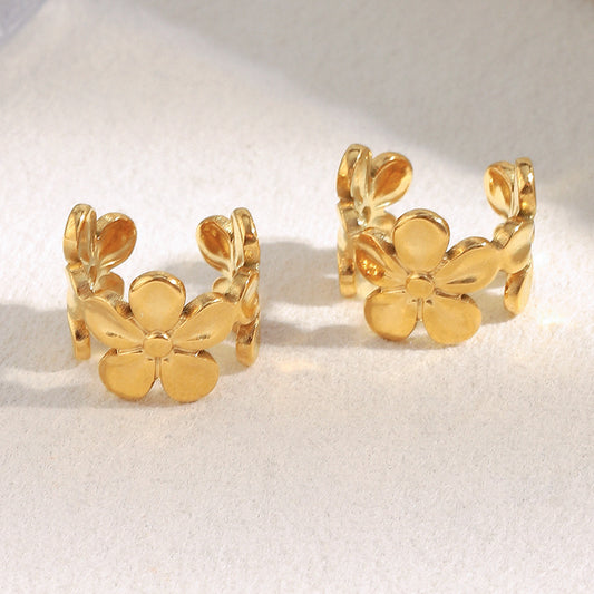 Fashion Vintage Geometric Flower Stainless Steel 18K Gold Plated U-Shape Clip-On Earrings for Women