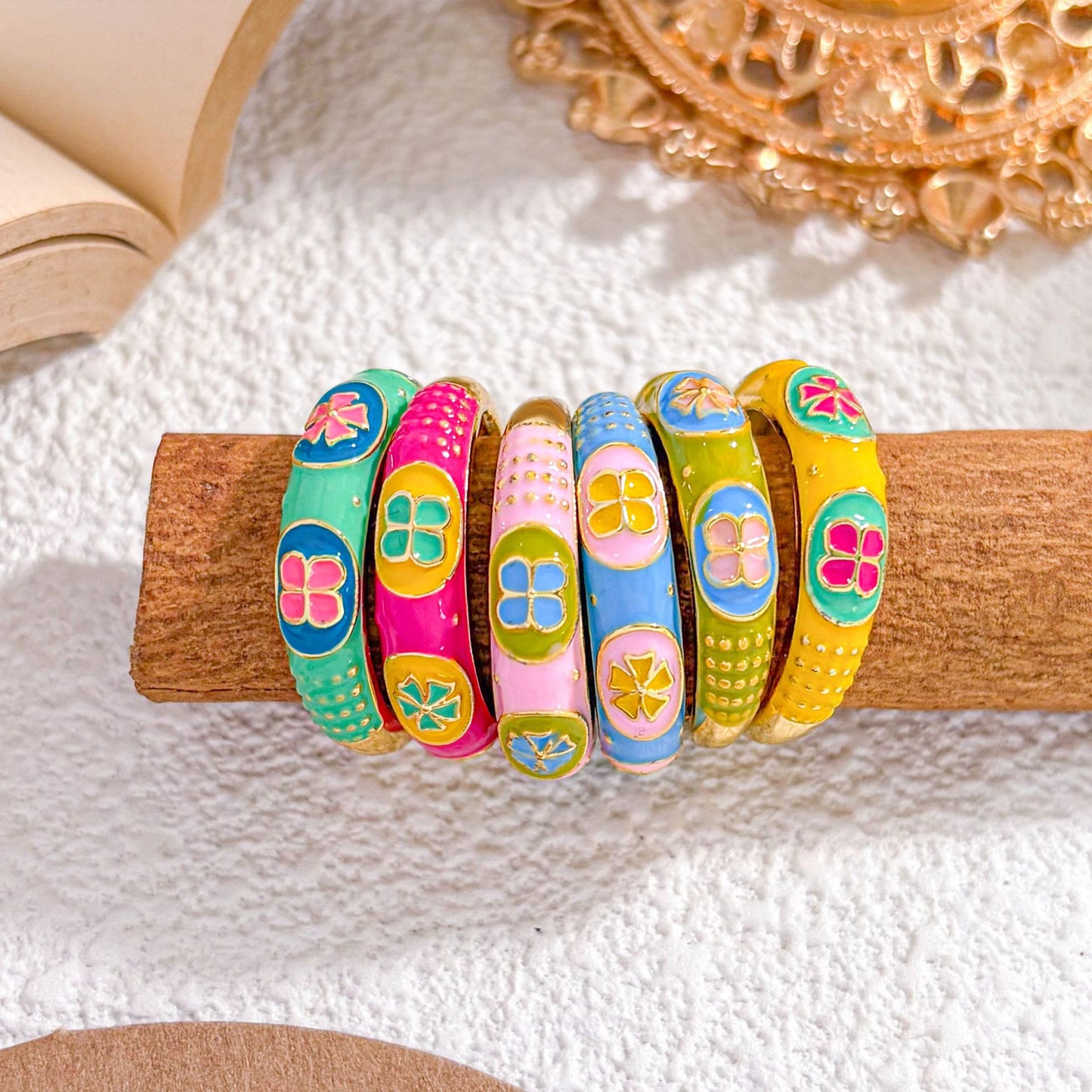 Sweet Minimalist Floral Enamel Gold Plated Brass Adjustable Ring for Women