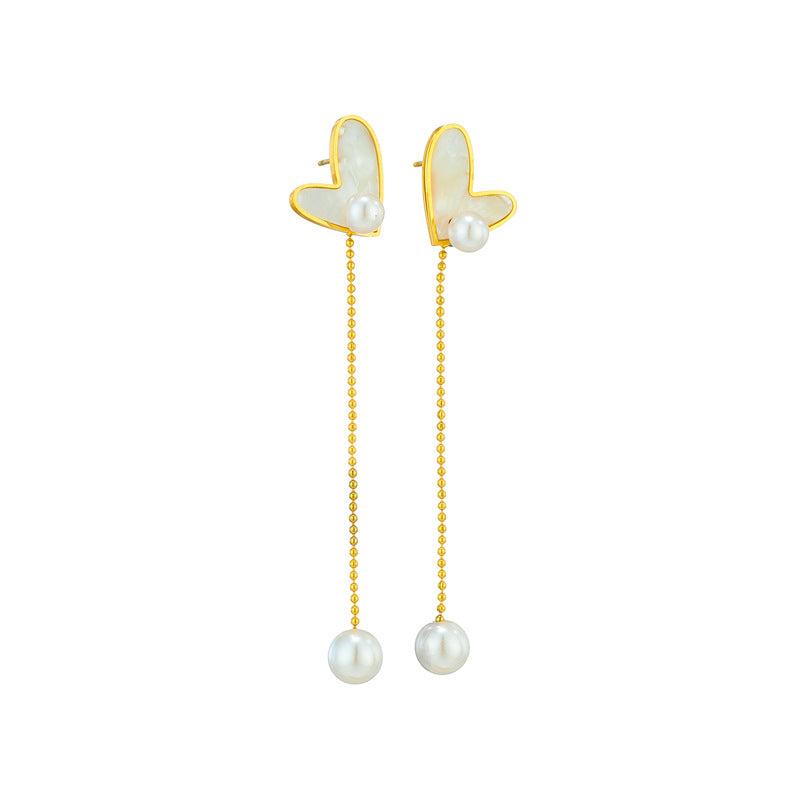 Minimalist Heart-Shaped Titanium Steel Stud Earrings with Pearl Accents and Dainty Chain Tassels for Women