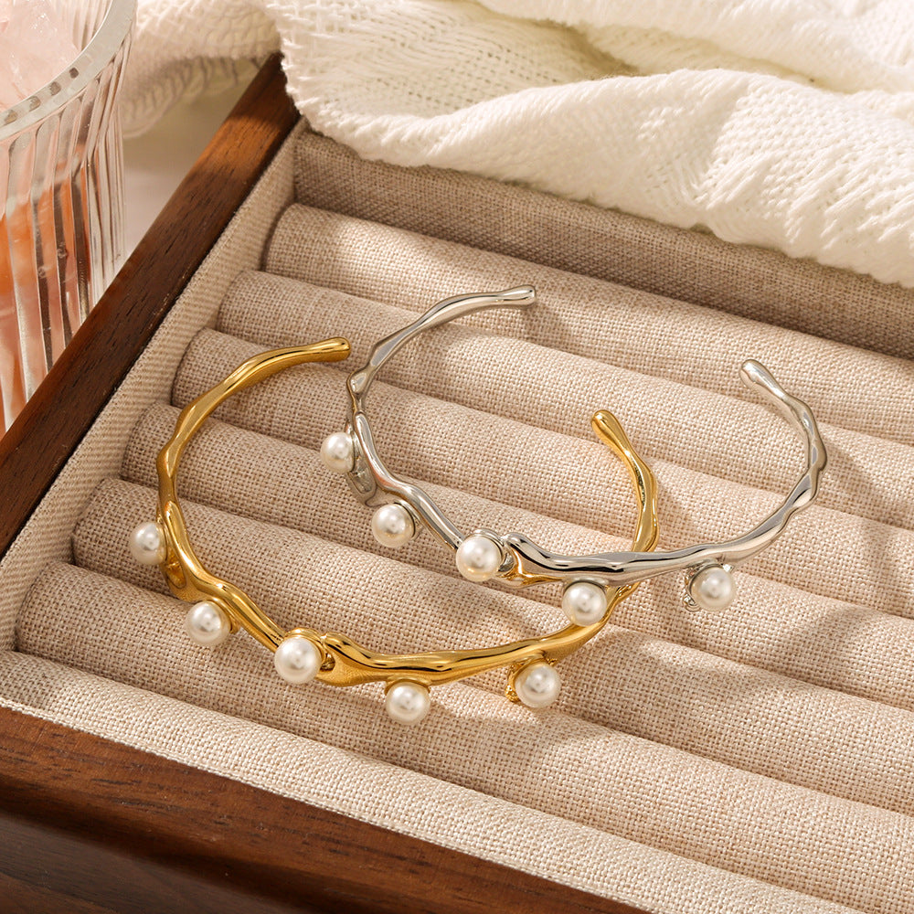 Minimalist Vintage-Inspired Irregular Stainless Steel Open Bangle Bracelet for Women with Pearl Accent