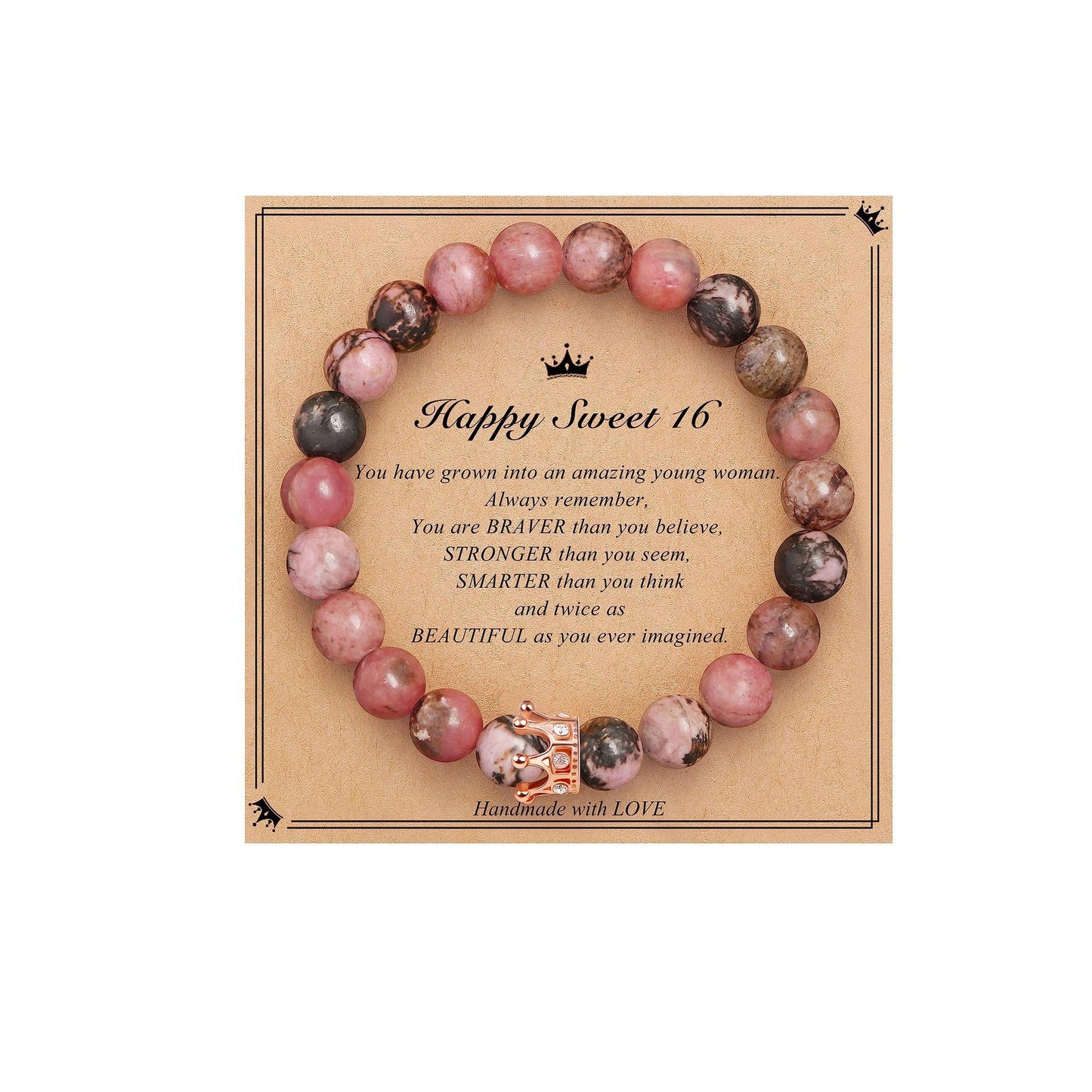 Elegant Crown Brass Bracelet with Natural Agate and Rhodochrosite Beads for Women