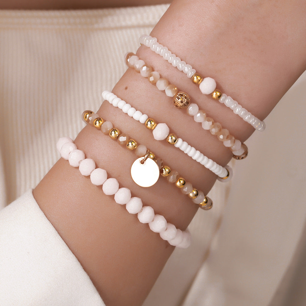 Bohemian Minimalist Geometric Round Glass Bead Alloy Multi-Layer Stretch Bracelet Set for Women