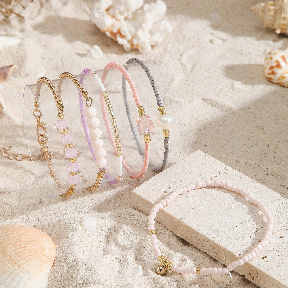 Sweet Geometric Round Crystal Glass Imitation Pearl Bracelet Set for Women