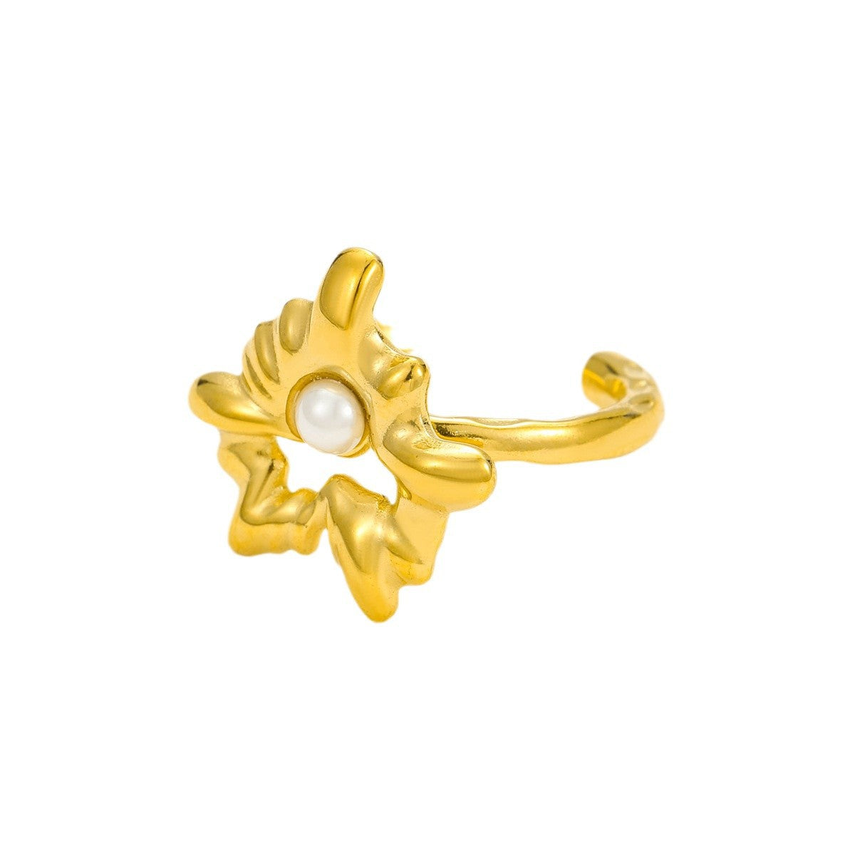 Luxury Style Heart-Shaped Stainless Steel Ring with 18K Gold Plating and Natural Stone Inlay, Pearl Accented Open Band for Women