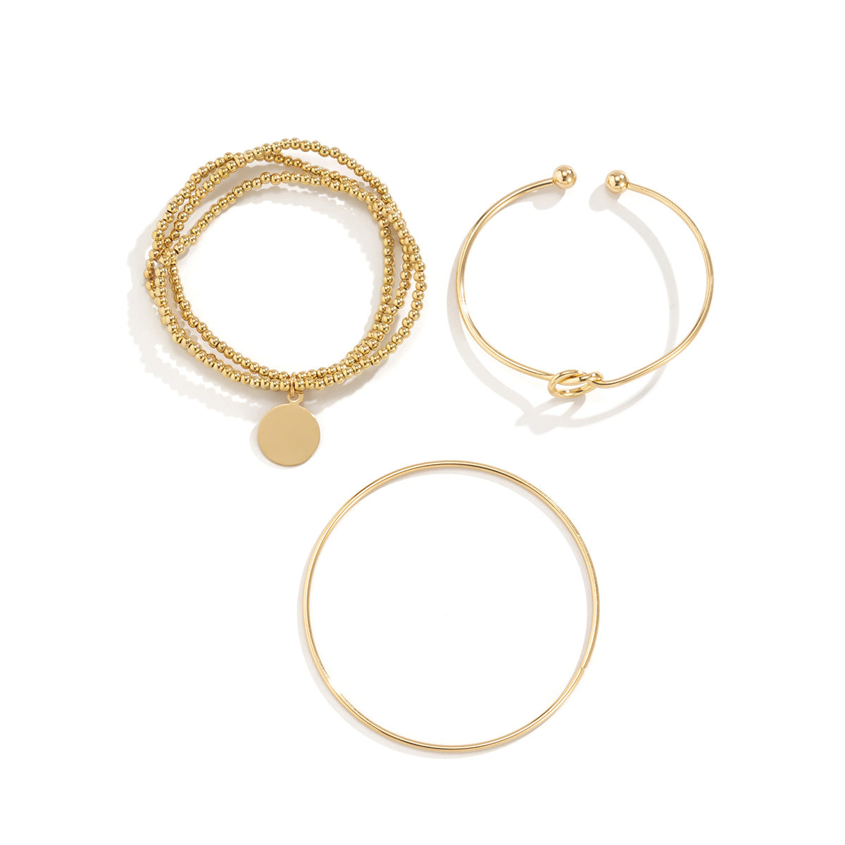 Punk Style Geometric Shiny Round Hoop Bracelet Set for Women with Plated Finish and Elastic Beaded Design