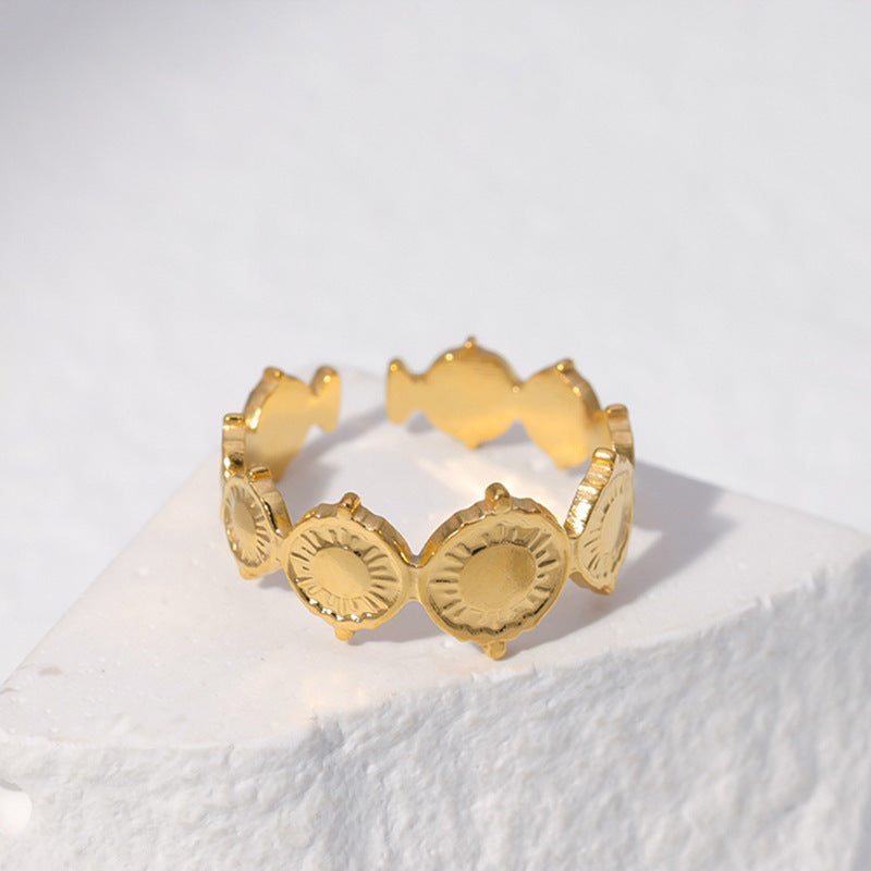 Anello Unisex Regolabile in Acciaio Inossidabile Placcato Oro 18K con Simbolo Solare Geometrico Vintage