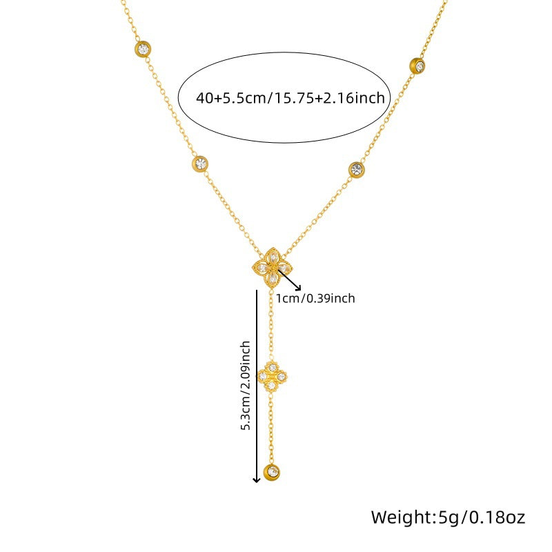 Elegant Rhinestone Inlaid Four-Petal Flower Tassel Stainless Steel Jewelry Set for Women