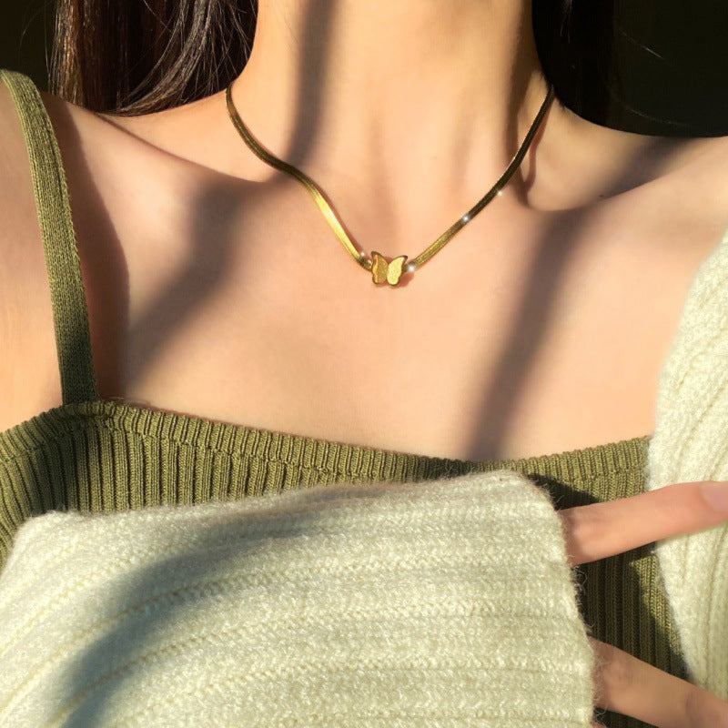 Minimalist 18K Gold Plated Titanium Steel Butterfly Pendant Snake Chain Necklace for Women