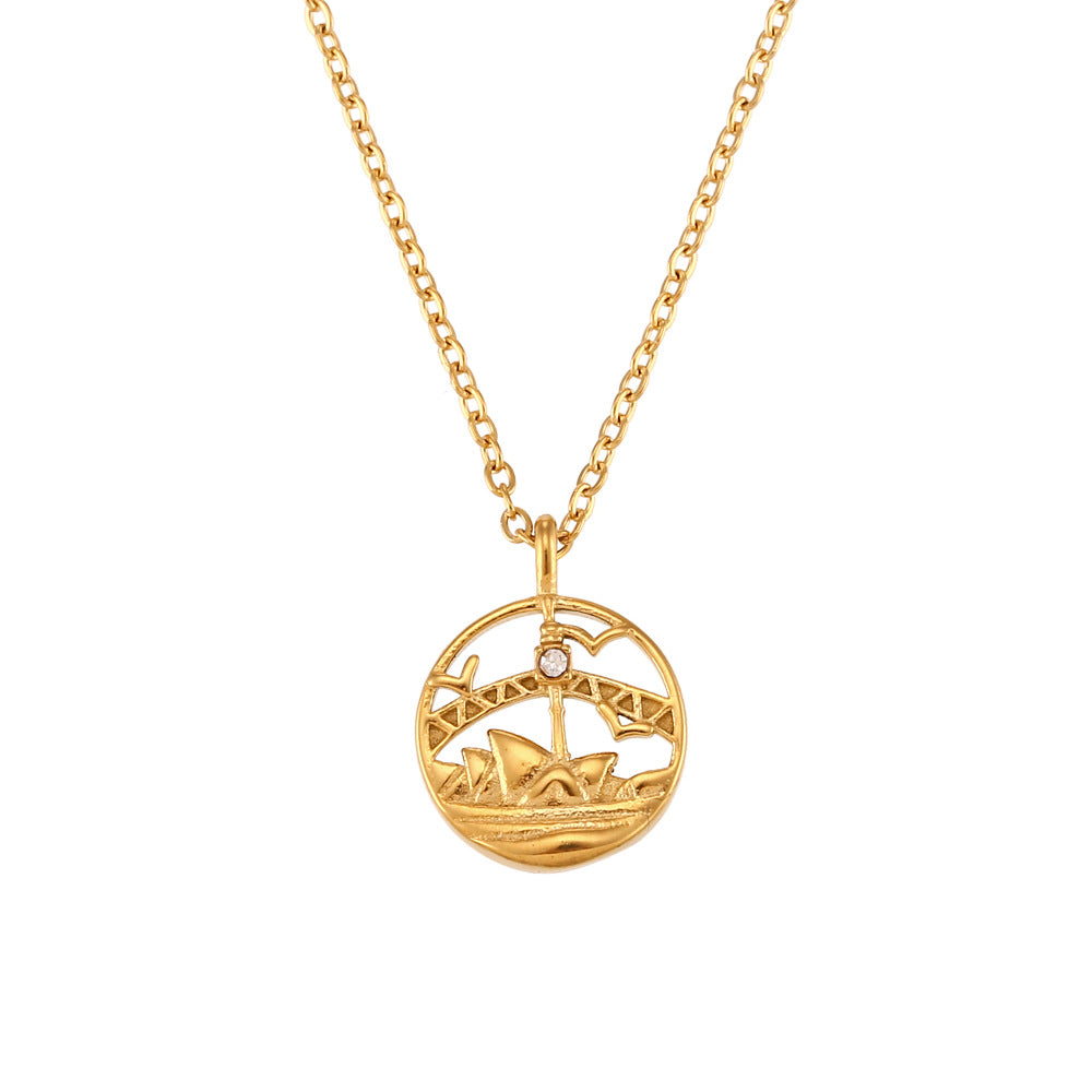 Collana con ciondolo geometrico rotondo minimalista da donna in acciaio inossidabile con finitura placcata