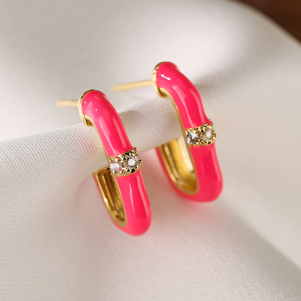 Geometric Candy-Colored Enamel Zirconia Stud Earrings for Women, Minimalist Fashion-Forward Ear Jewelry with Micro-Pave Setting