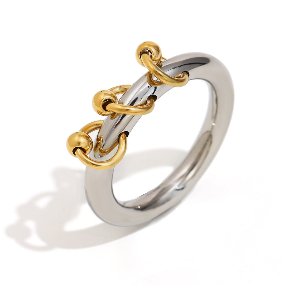 Anello Minimalista Geometrico in Acciaio Inossidabile con Placcatura in Oro 18K e Dettaglio Nappa Perlata