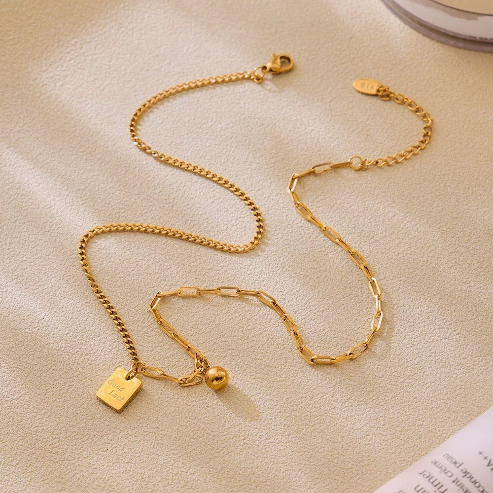 Minimalist Elegant Gold Plated Titanium Steel Square Letter Round Ball Chain Necklace for Women