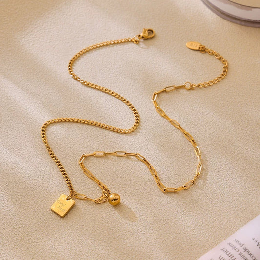 Minimalist Elegant Gold Plated Titanium Steel Square Letter Round Ball Chain Necklace for Women