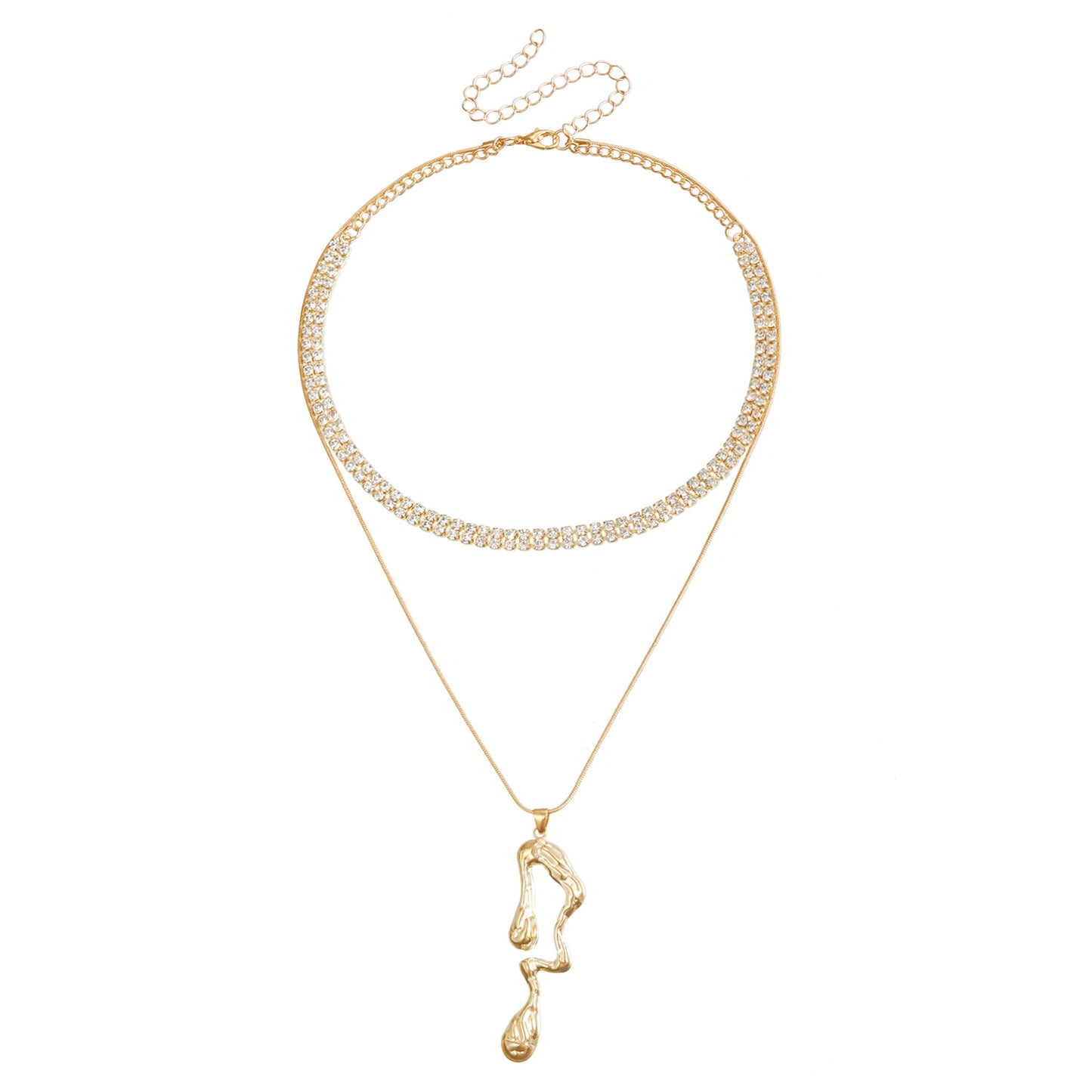 Liquid Flow Geometric Pendant Necklace for Women with Rhinestone Inlay on Alloy Base Electroplated Locket Chain Elegant Minimalist Two-Tier Collar Necklace