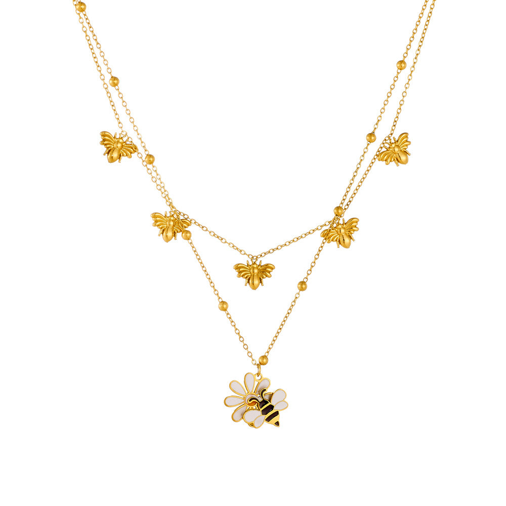 Sweet Drip Oil Floral and Bee Stainless Steel Layered Necklace for Women