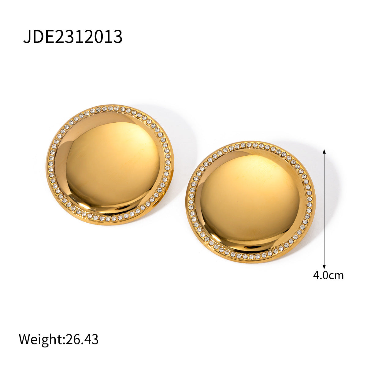 Trendy Geometric Round Disc Earrings 18K Gold Plated Stainless Steel Rhinestone Inlay for Women