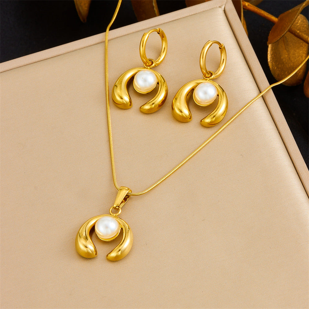 Vintage Gold Plated Heart Teardrop Stainless Steel Necklace and Earring Set with Turquoise and Pearl on Snake Chain for Women