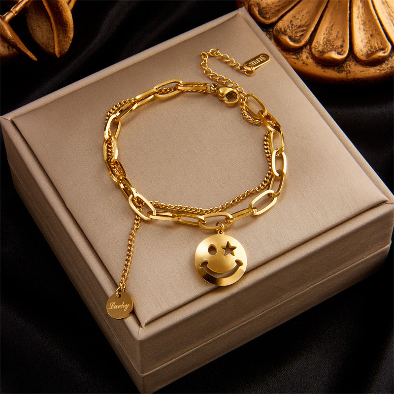Bracciale Minimalista in Acciaio al Titanio a Strati con Ciondolo a Cuore, Cerchio, Sorriso, Farfalla e Occhio