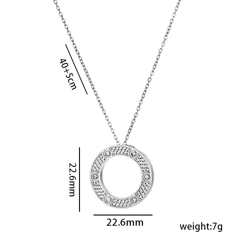Minimalist Round Pendant Necklace for Women Titanium Steel with Rhinestone Inlay Snake Chain