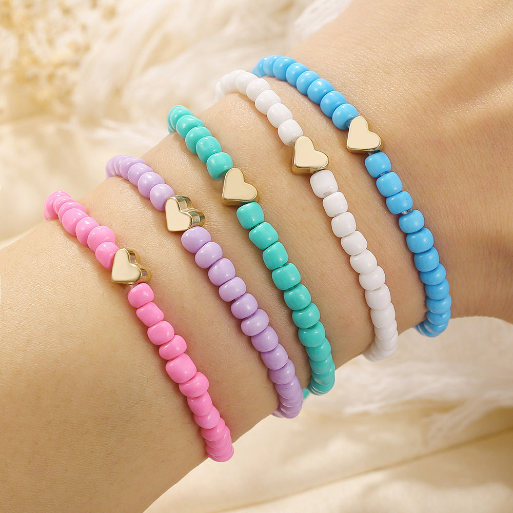 Bohemian Minimalist Handmade Glass Bead Heart Bracelet Set