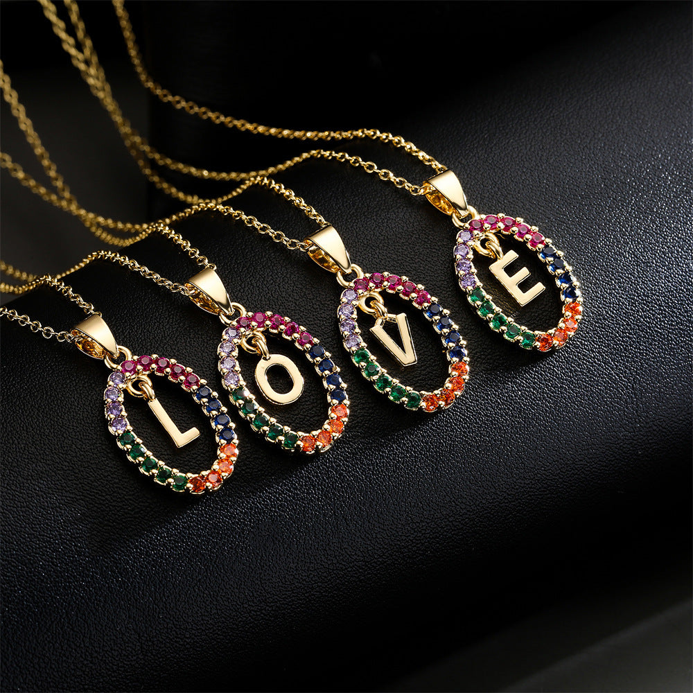 Minimalist Gold Plated Brass Letter Cubic Zirconia Pendant Necklace for Women