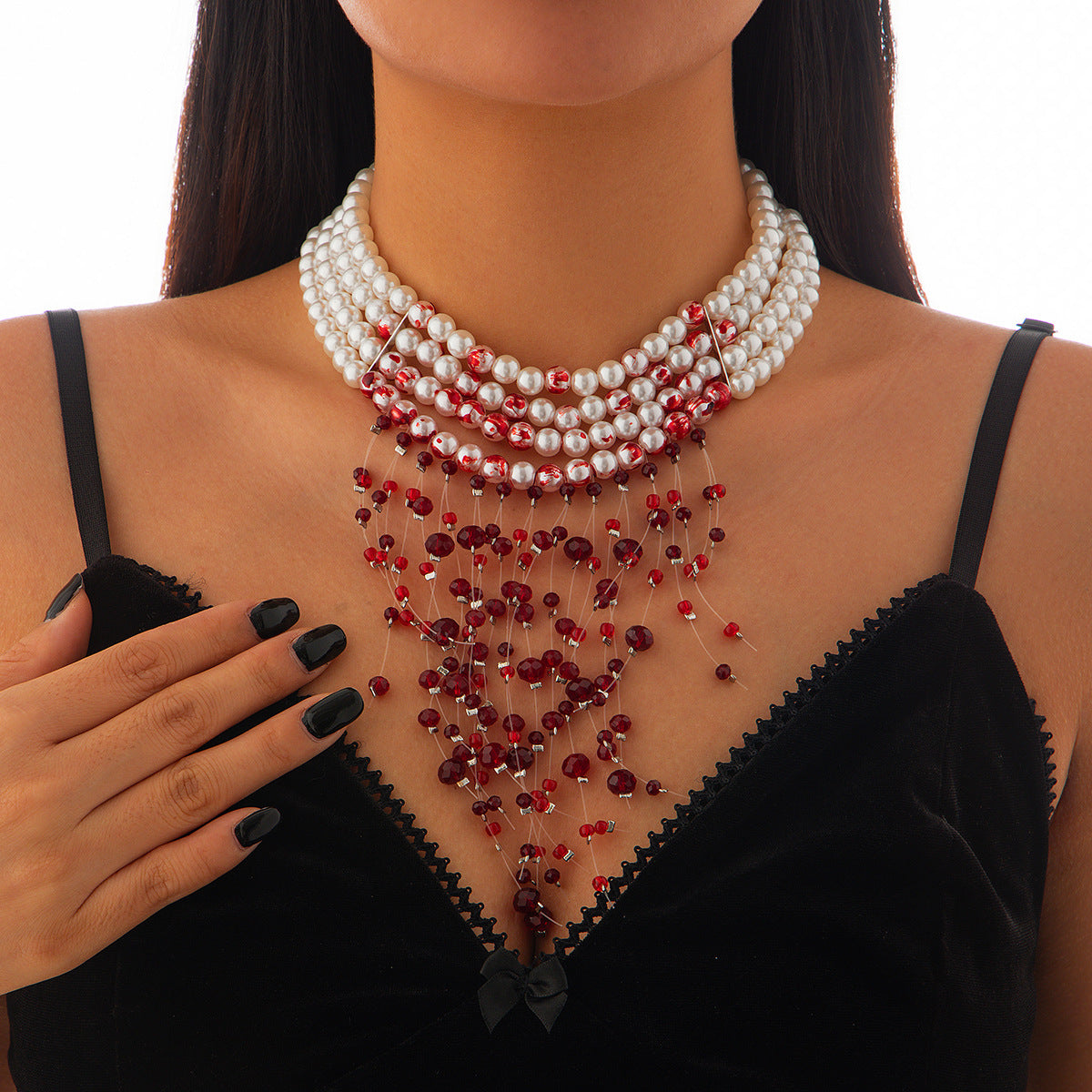 Gothic Geometric Teardrop Crystal Pendant Imitation Pearl Ball Chain Choker Necklace with Tassel for Women