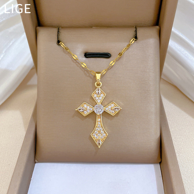 Sweet Full Rhinestone Cross Titanium Steel Necklace Curb Chain Unisex